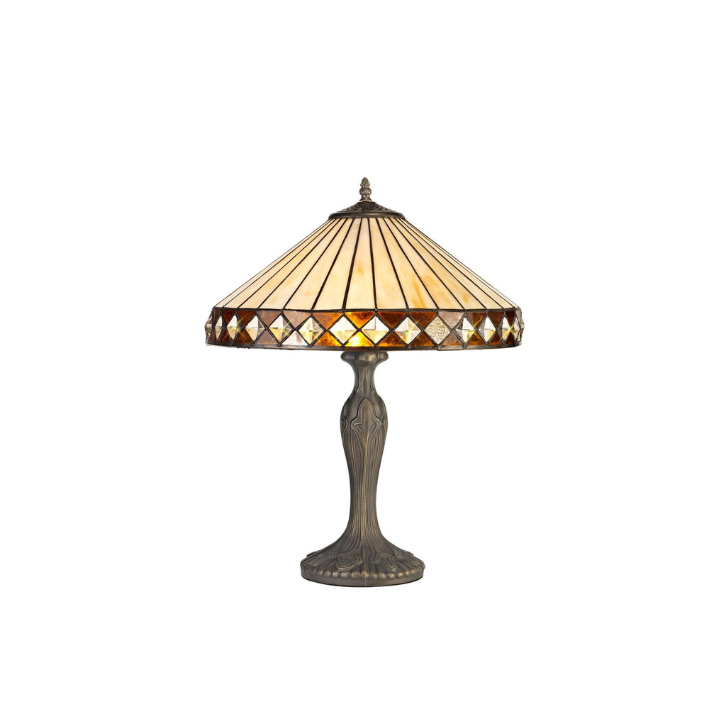 NLK02289 Tink 2 Light Curved Table Lamp With 40cm Tiffany Shade Amber/Chrome/Crystal/Aged Antique Brass