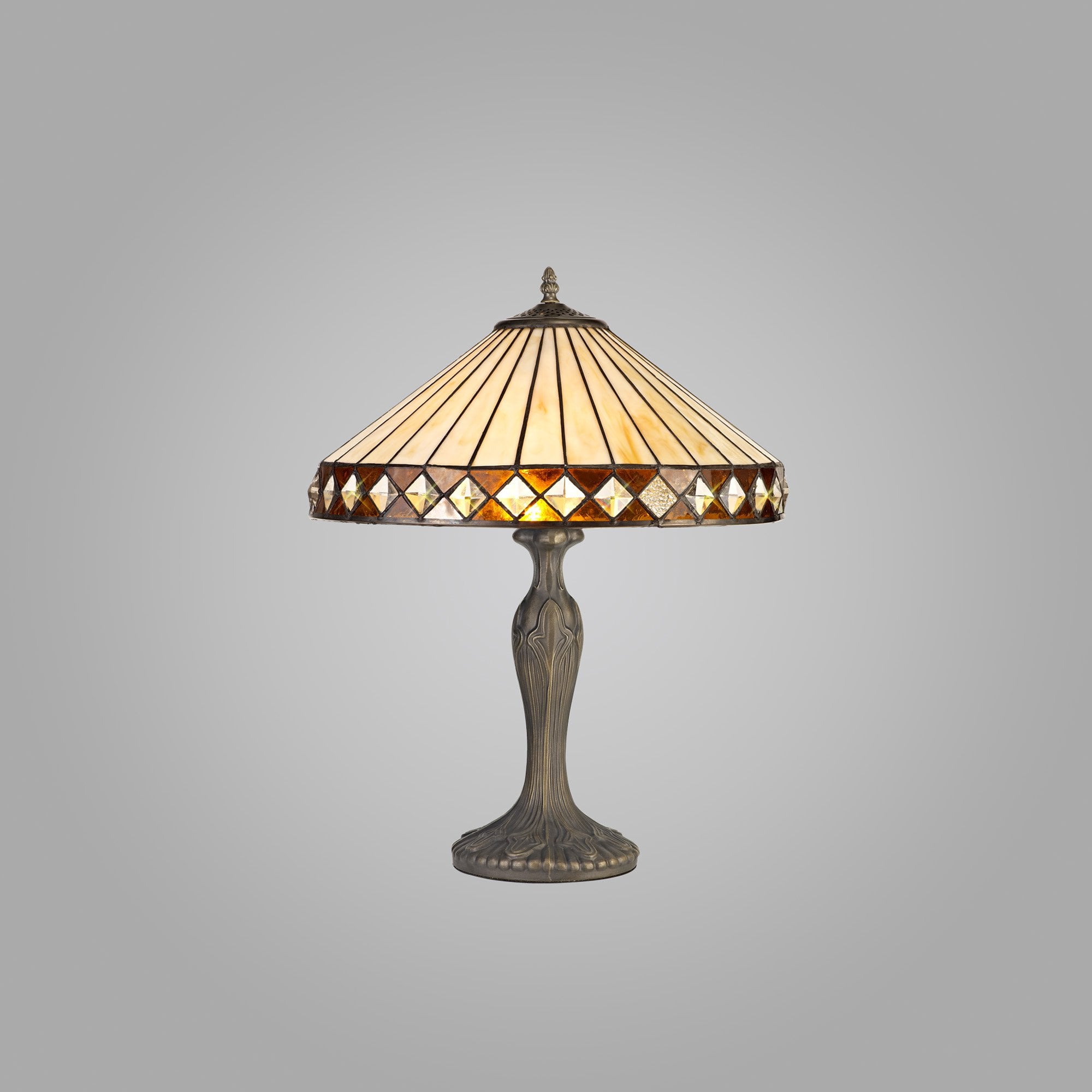 NLK02289 Tink 2 Light Curved Table Lamp With 40cm Tiffany Shade Amber/Chrome/Crystal/Aged Antique Brass