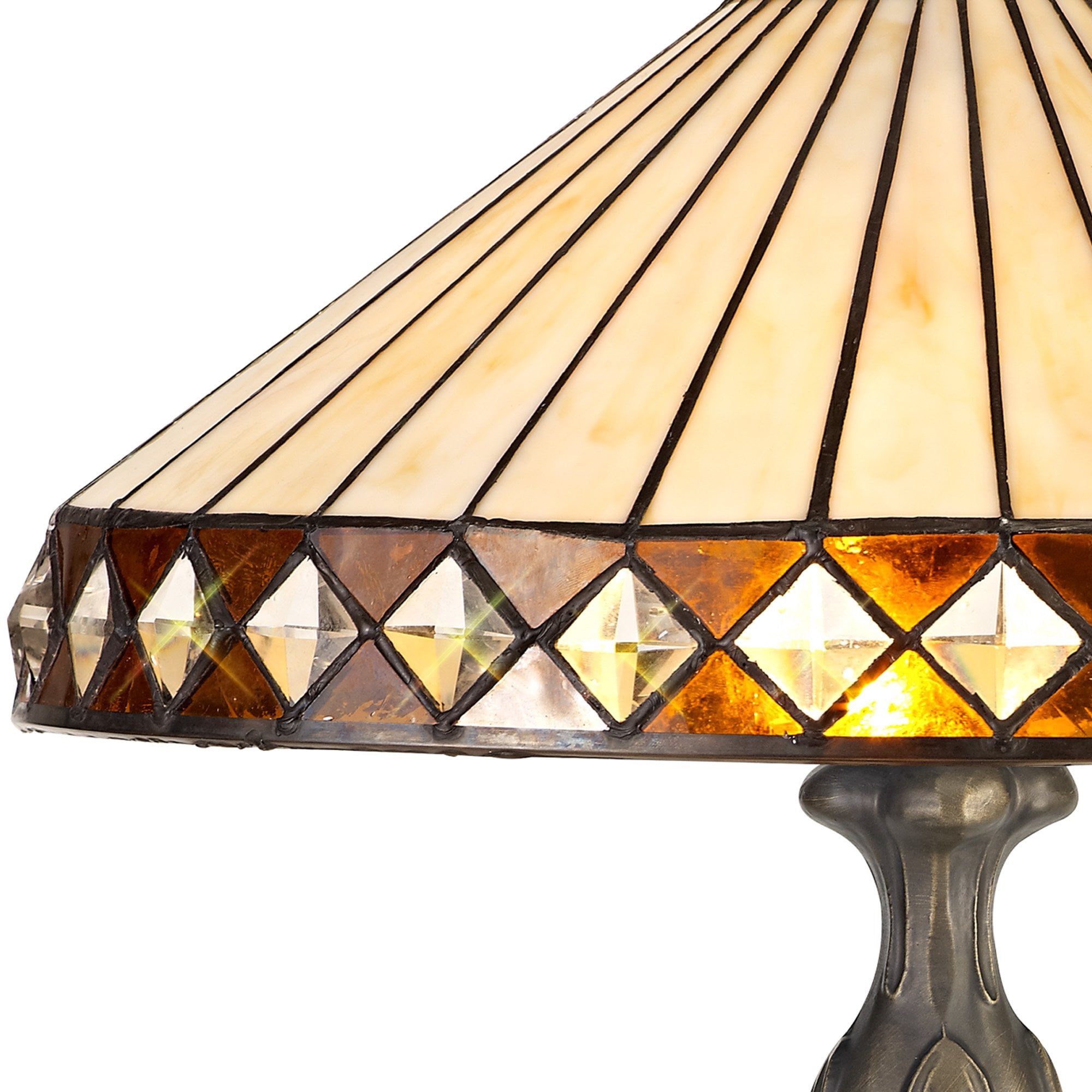 NLK02289 Tink 2 Light Curved Table Lamp With 40cm Tiffany Shade Amber/Chrome/Crystal/Aged Antique Brass
