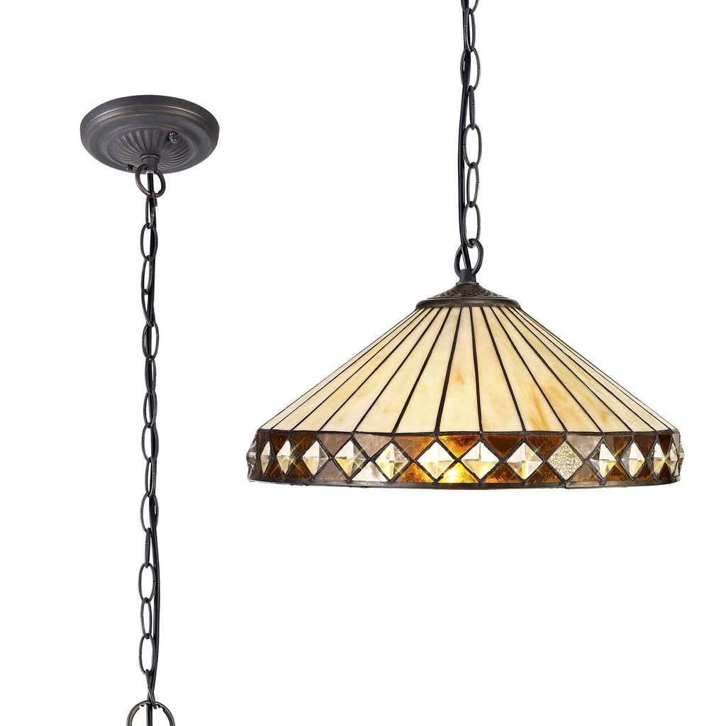 NLK02309 Tink 1 Light Down Lighter Pendant With 40cm Tiffany Shade Amber/Chrome/Crystal/Aged Antique Brass