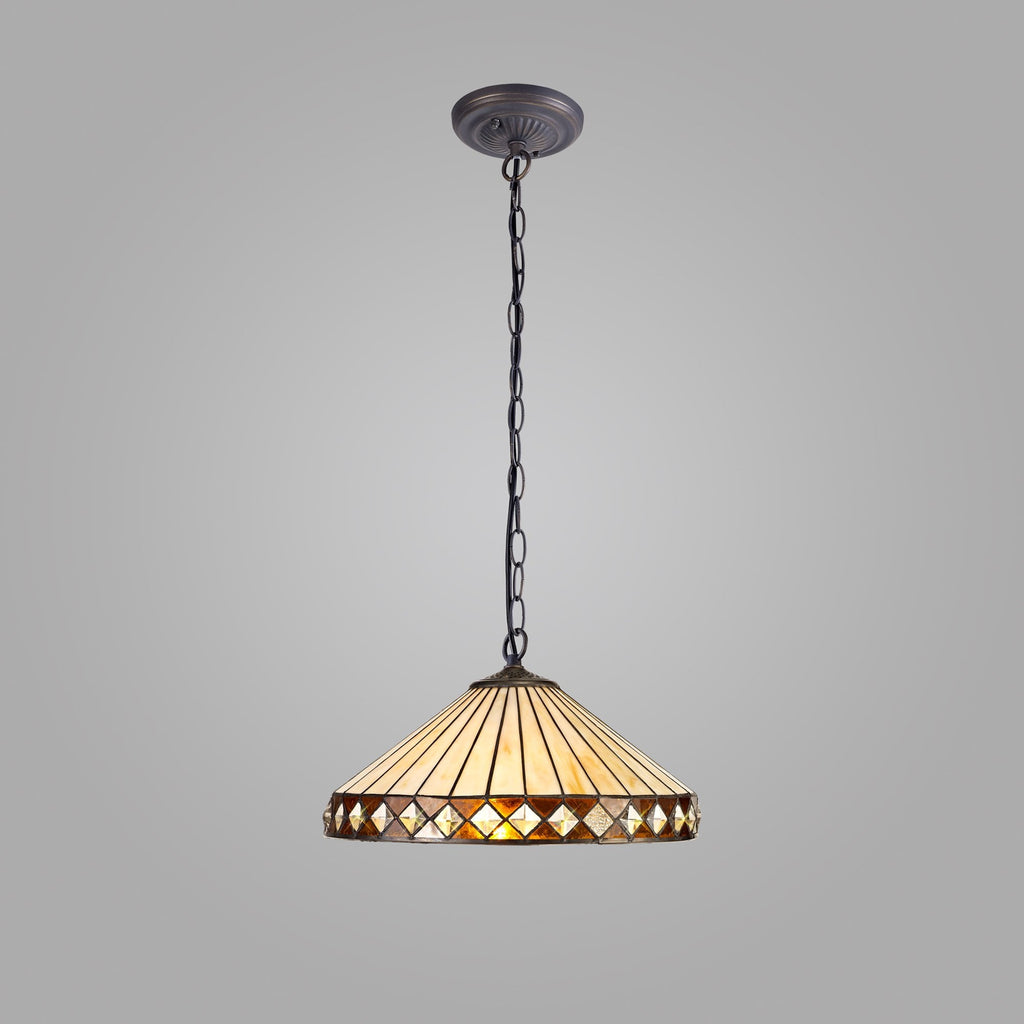 NLK02309 Tink 1 Light Down Lighter Pendant With 40cm Tiffany Shade Amber/Chrome/Crystal/Aged Antique Brass