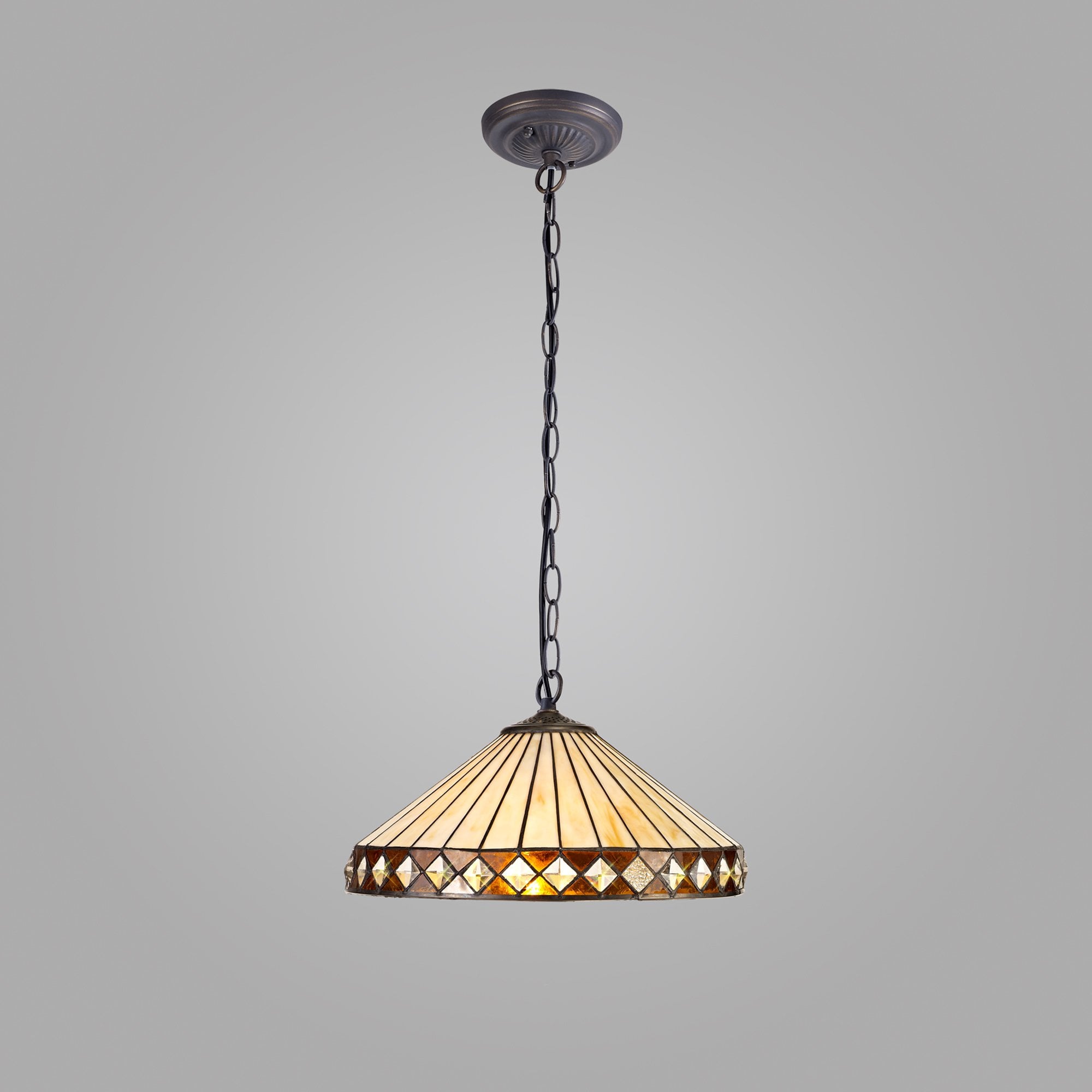 NLK02309 Tink 1 Light Down Lighter Pendant With 40cm Tiffany Shade Amber/Chrome/Crystal/Aged Antique Brass