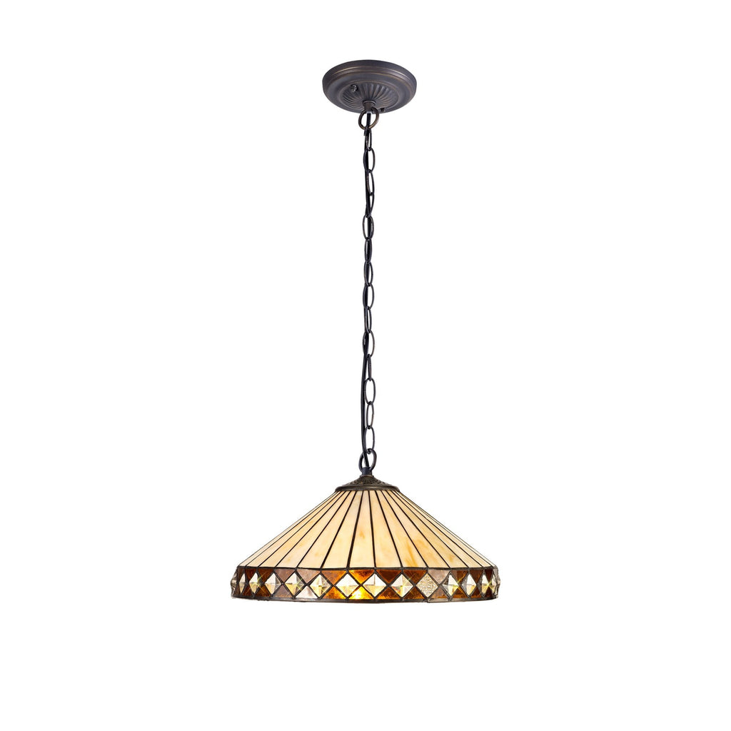 NLK02309 Tink 1 Light Down Lighter Pendant With 40cm Tiffany Shade Amber/Chrome/Crystal/Aged Antique Brass