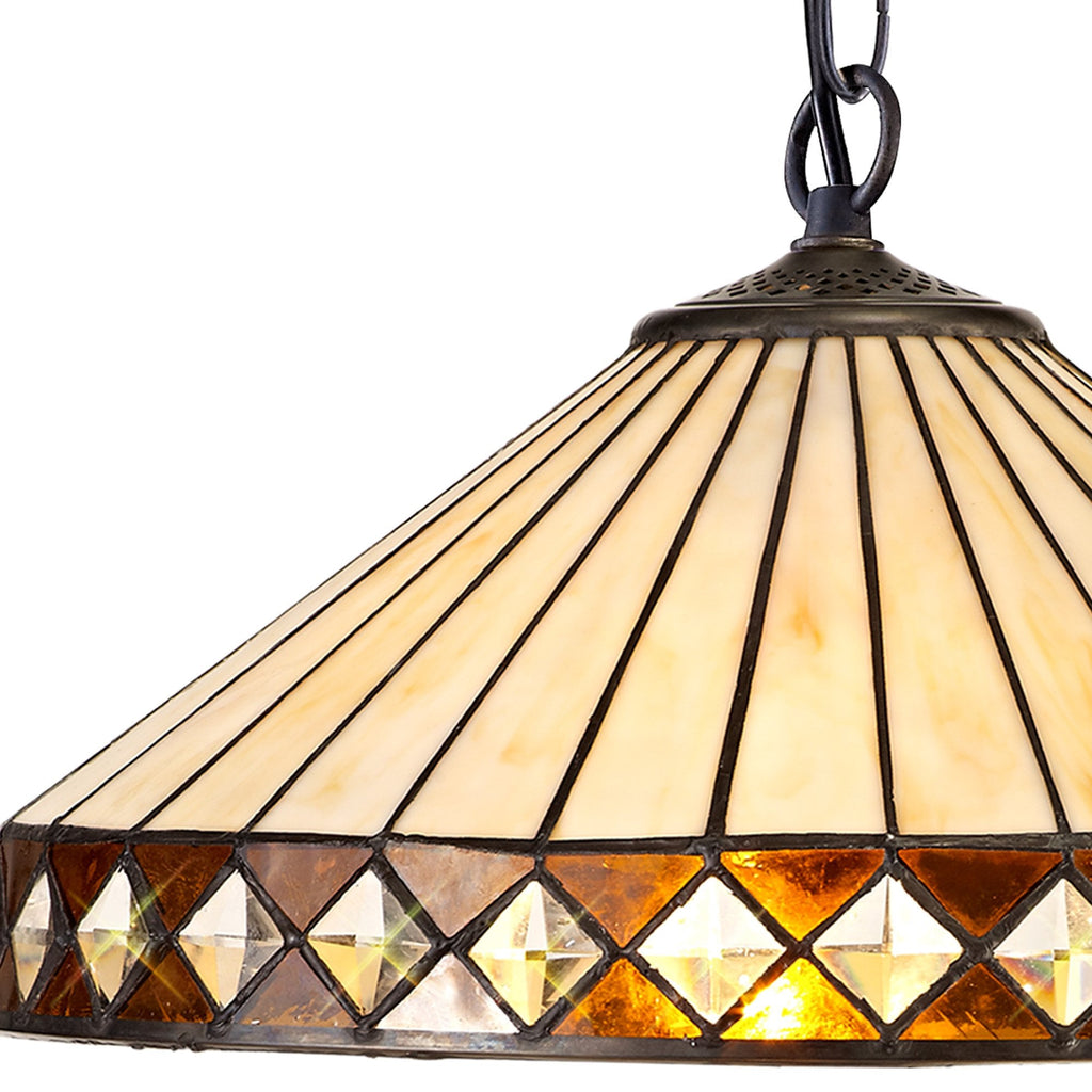 NLK02309 Tink 1 Light Down Lighter Pendant With 40cm Tiffany Shade Amber/Chrome/Crystal/Aged Antique Brass