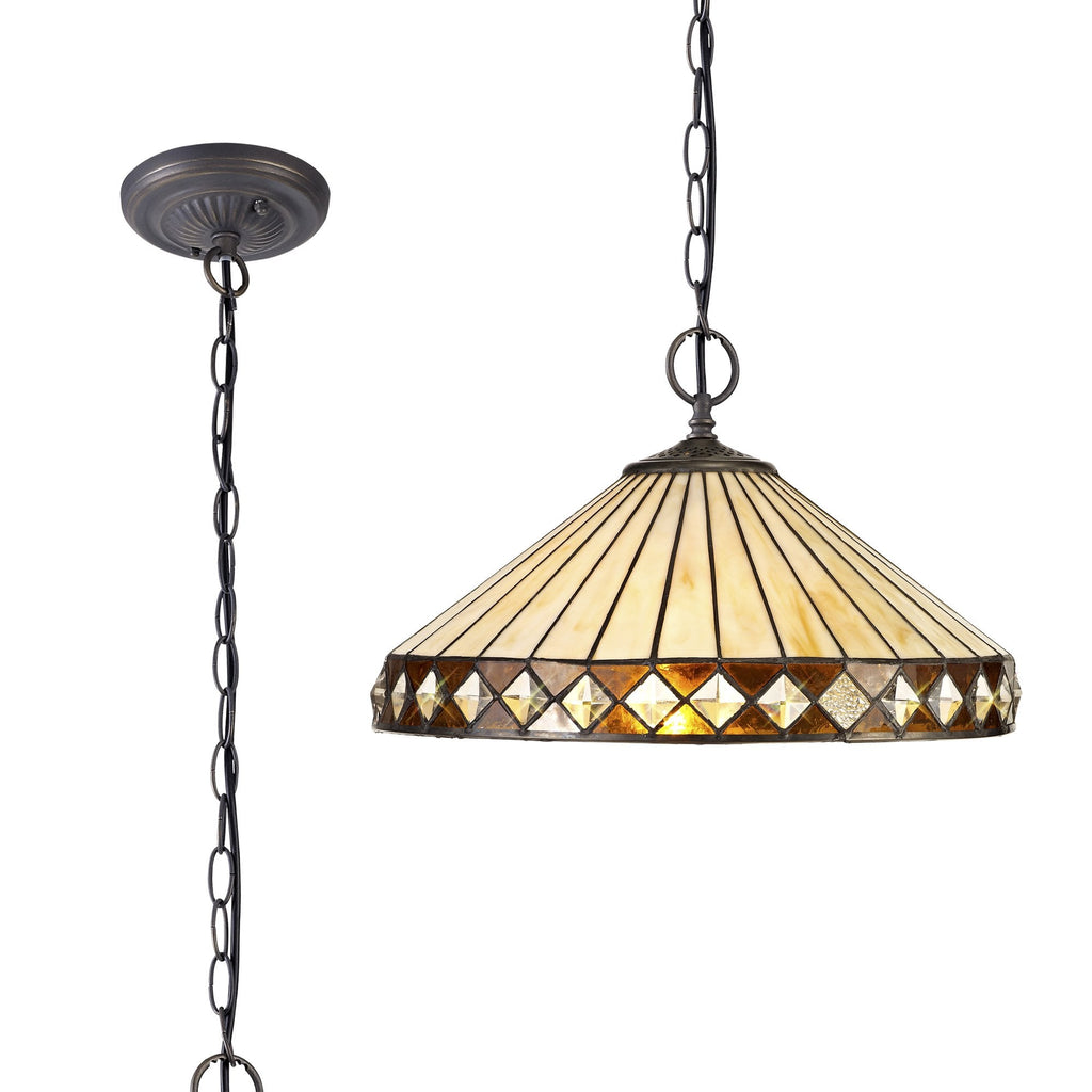 NLK02319 Tink 2 Light Down Lighter Pendant With 40cm Tiffany Shade Amber/Chrome/Crystal/Aged Antique Brass