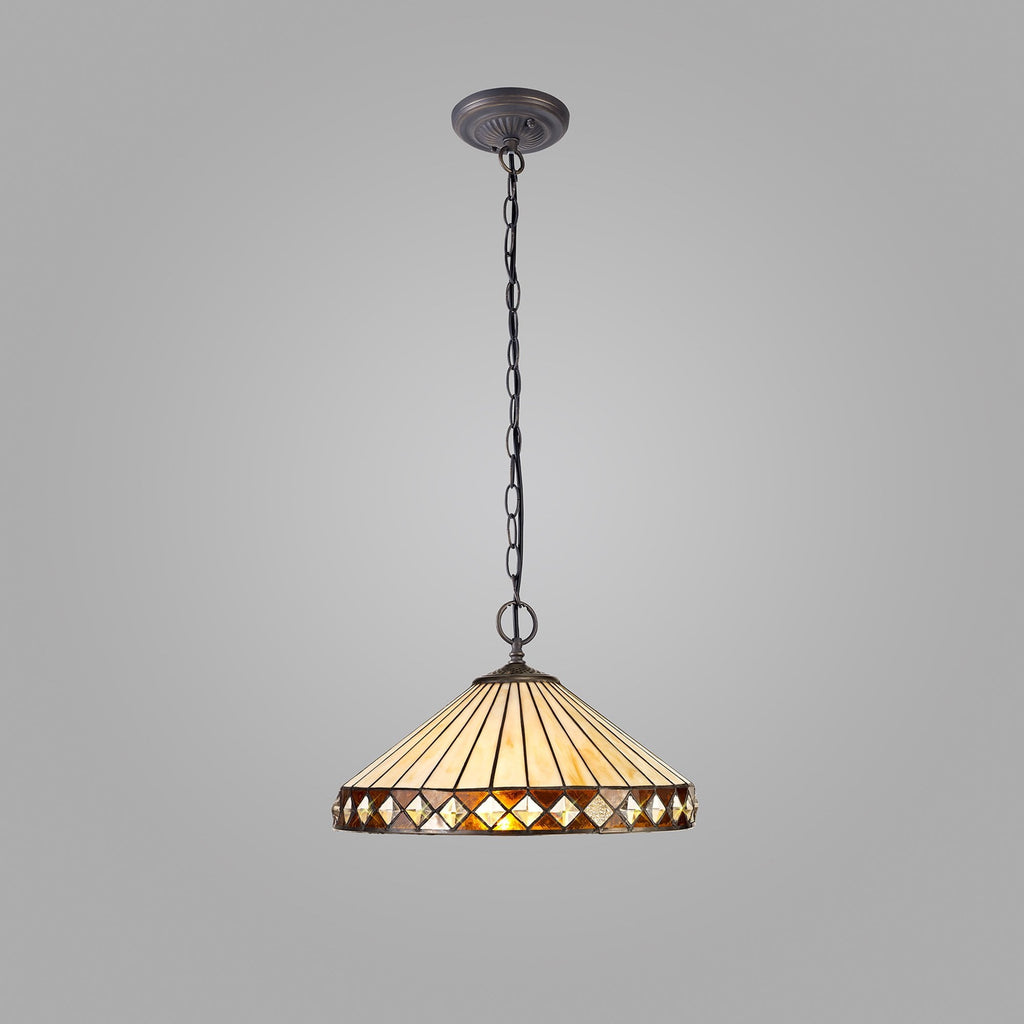 NLK02319 Tink 2 Light Down Lighter Pendant With 40cm Tiffany Shade Amber/Chrome/Crystal/Aged Antique Brass