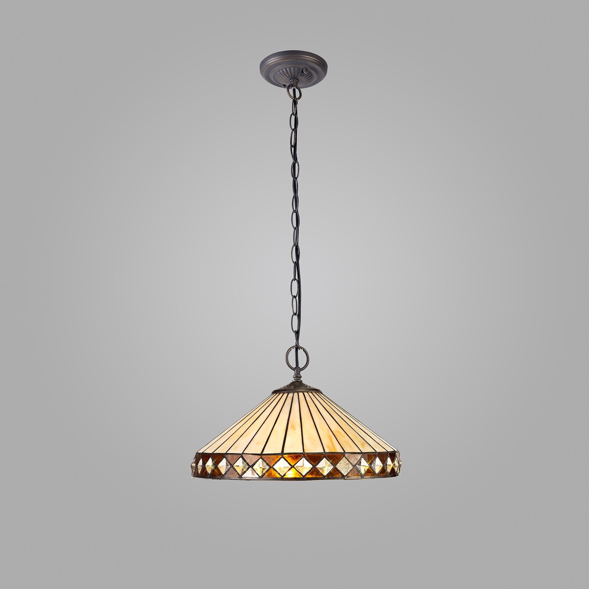 NLK02319 Tink 2 Light Down Lighter Pendant With 40cm Tiffany Shade Amber/Chrome/Crystal/Aged Antique Brass