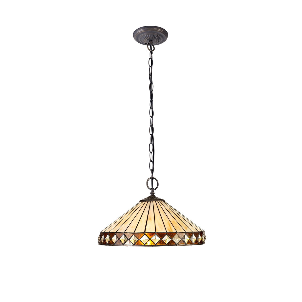 NLK02319 Tink 2 Light Down Lighter Pendant With 40cm Tiffany Shade Amber/Chrome/Crystal/Aged Antique Brass