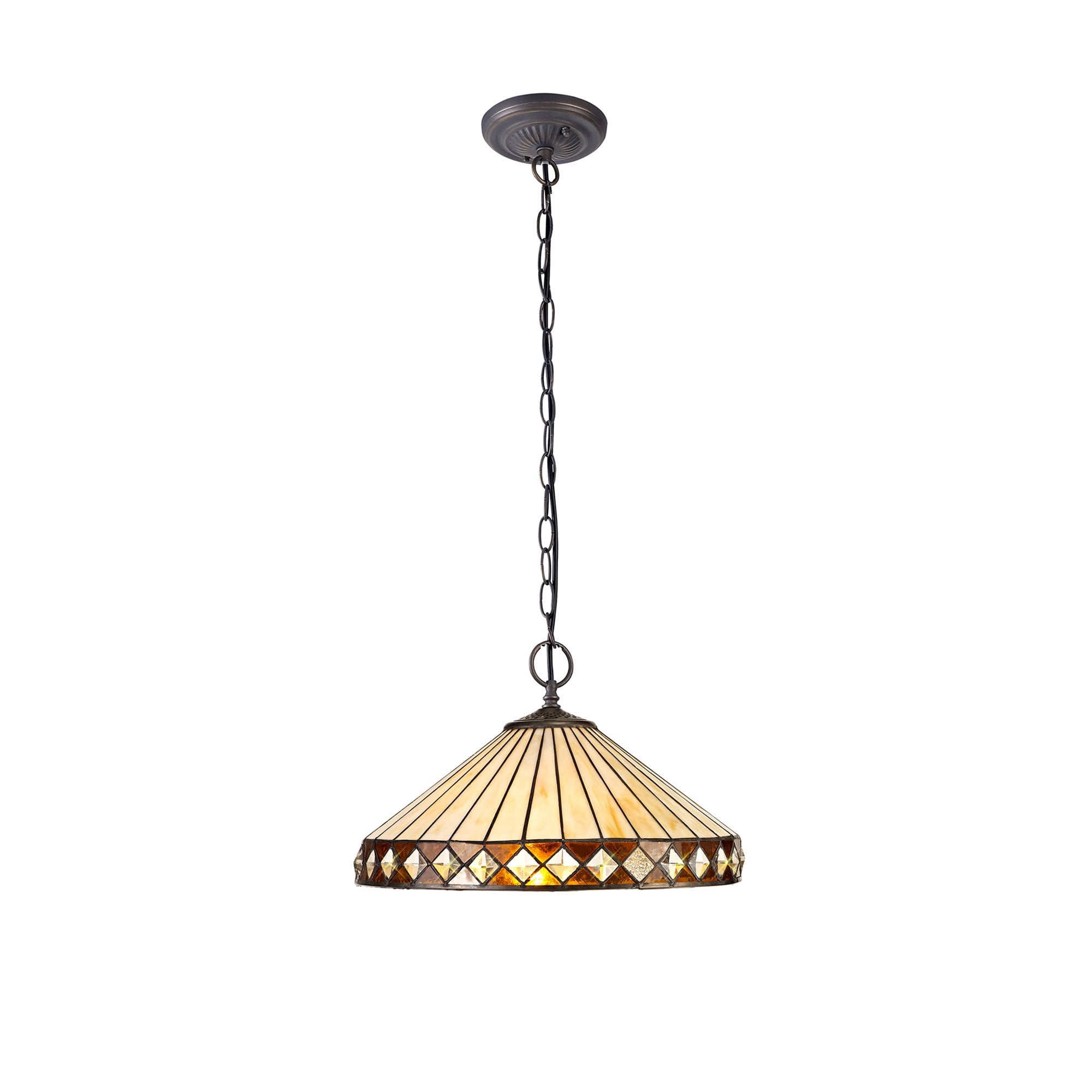 NLK02319 Tink 2 Light Down Lighter Pendant With 40cm Tiffany Shade Amber/Chrome/Crystal/Aged Antique Brass