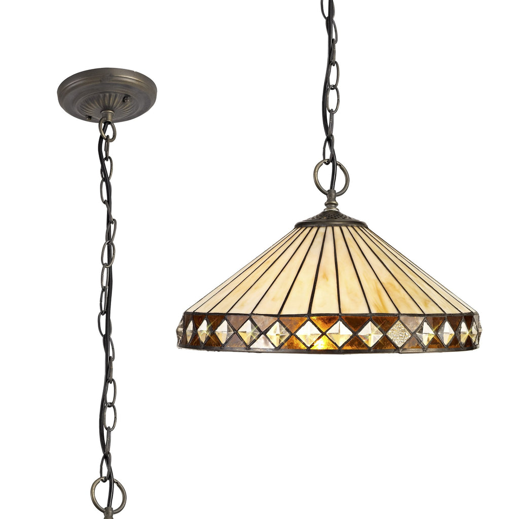 NLK02329 Tink 3 Light Down Lighter Pendant With 40cm Tiffany Shade Amber/Chrome/Crystal/Aged Antique Brass