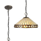 NLK02329 Tink 3 Light Down Lighter Pendant With 40cm Tiffany Shade Amber/Chrome/Crystal/Aged Antique Brass