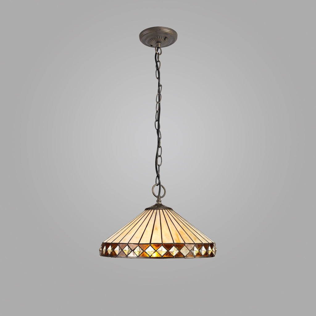 NLK02329 Tink 3 Light Down Lighter Pendant With 40cm Tiffany Shade Amber/Chrome/Crystal/Aged Antique Brass