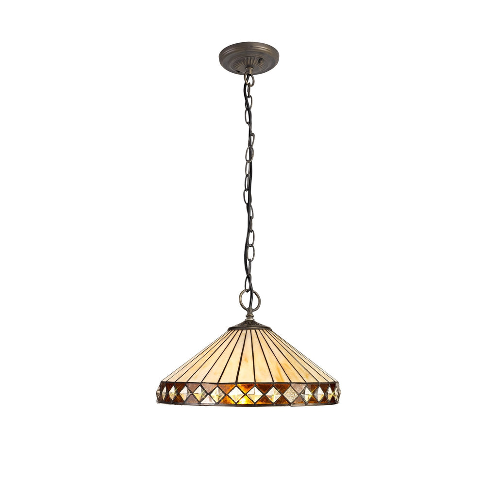NLK02329 Tink 3 Light Down Lighter Pendant With 40cm Tiffany Shade Amber/Chrome/Crystal/Aged Antique Brass
