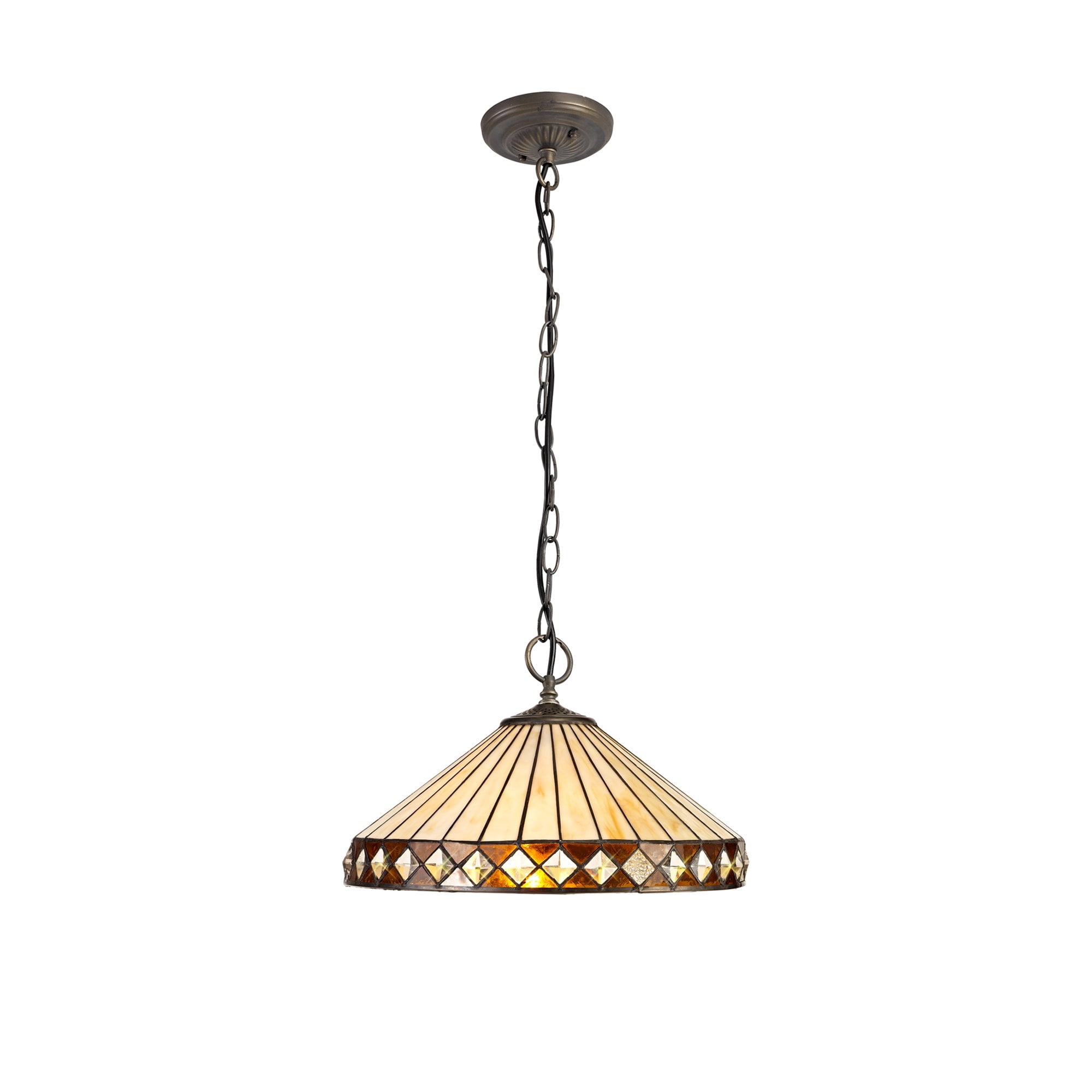 NLK02329 Tink 3 Light Down Lighter Pendant With 40cm Tiffany Shade Amber/Chrome/Crystal/Aged Antique Brass
