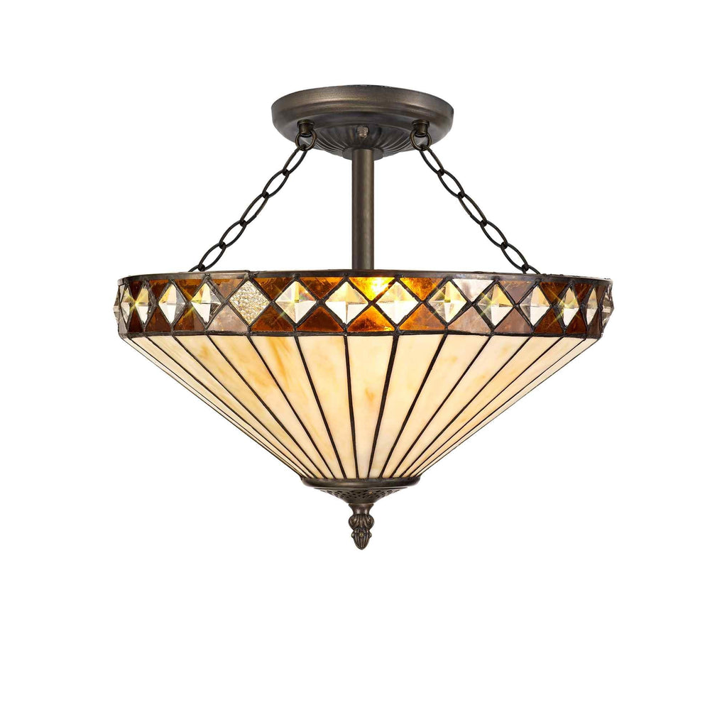 NLK02339 Tink 3 Light Semi Ceiling With 40cm Tiffany Shade Amber/Chrome/Crystal/Aged Antique Brass