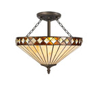 NLK02339 Tink 3 Light Semi Ceiling With 40cm Tiffany Shade Amber/Chrome/Crystal/Aged Antique Brass