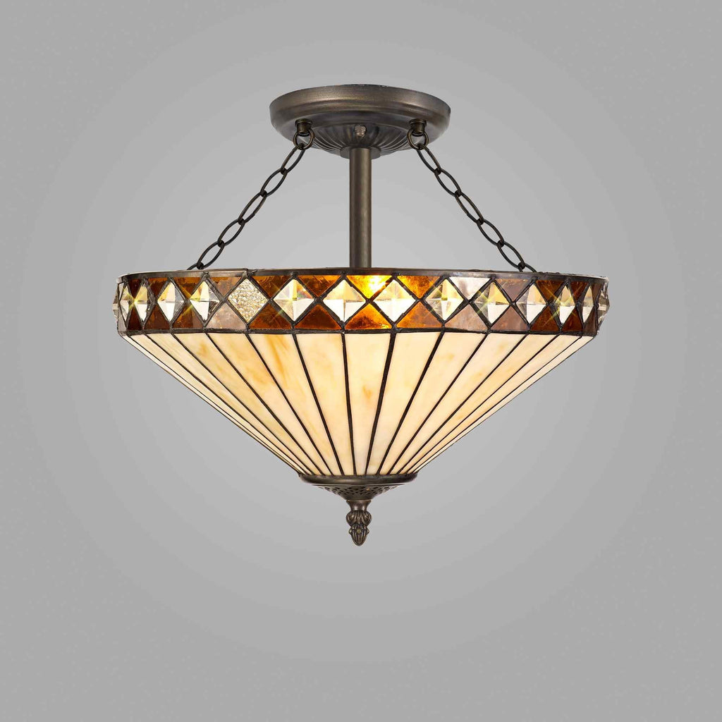 NLK02339 Tink 3 Light Semi Ceiling With 40cm Tiffany Shade Amber/Chrome/Crystal/Aged Antique Brass