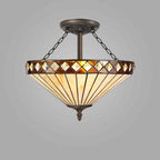 NLK02339 Tink 3 Light Semi Ceiling With 40cm Tiffany Shade Amber/Chrome/Crystal/Aged Antique Brass