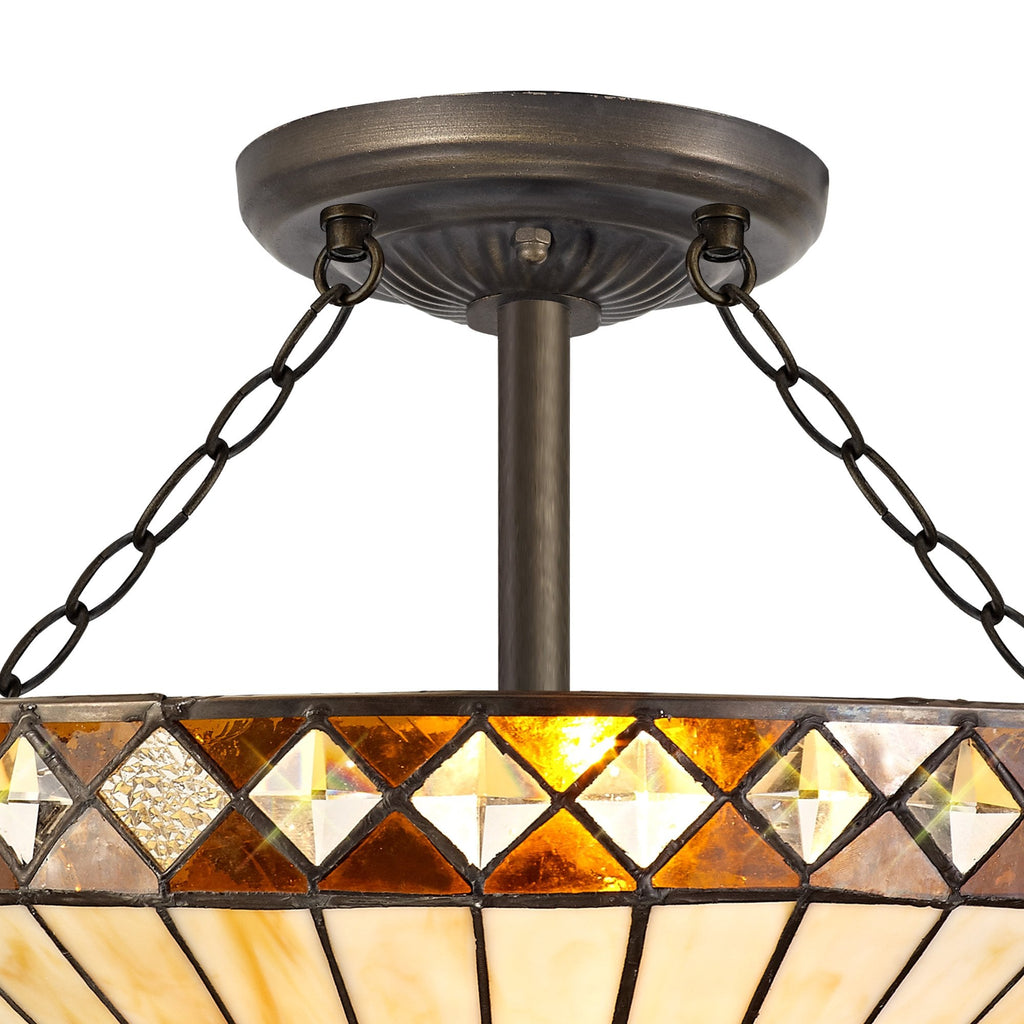 NLK02339 Tink 3 Light Semi Ceiling With 40cm Tiffany Shade Amber/Chrome/Crystal/Aged Antique Brass