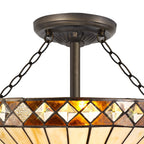 NLK02339 Tink 3 Light Semi Ceiling With 40cm Tiffany Shade Amber/Chrome/Crystal/Aged Antique Brass