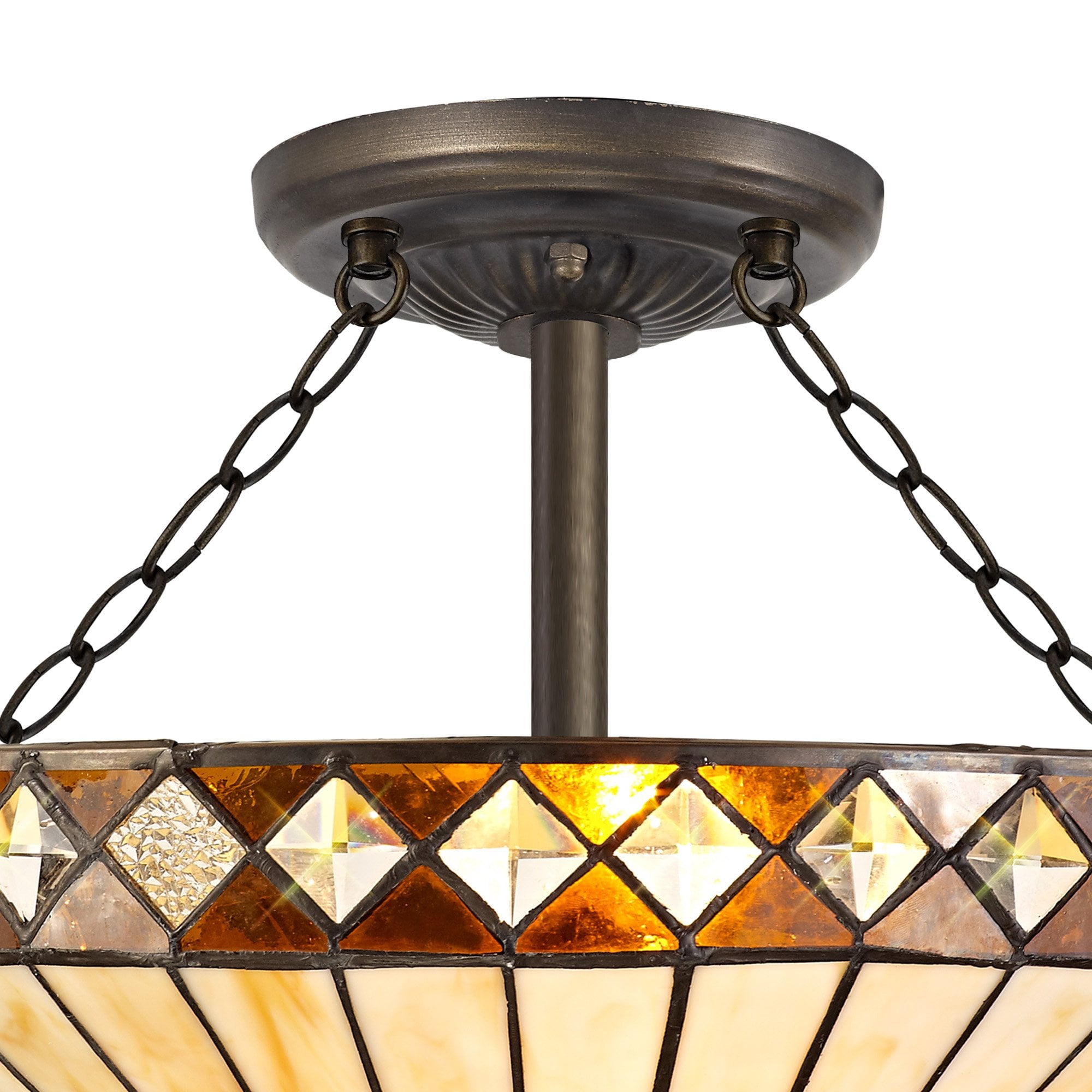 NLK02339 Tink 3 Light Semi Ceiling With 40cm Tiffany Shade Amber/Chrome/Crystal/Aged Antique Brass