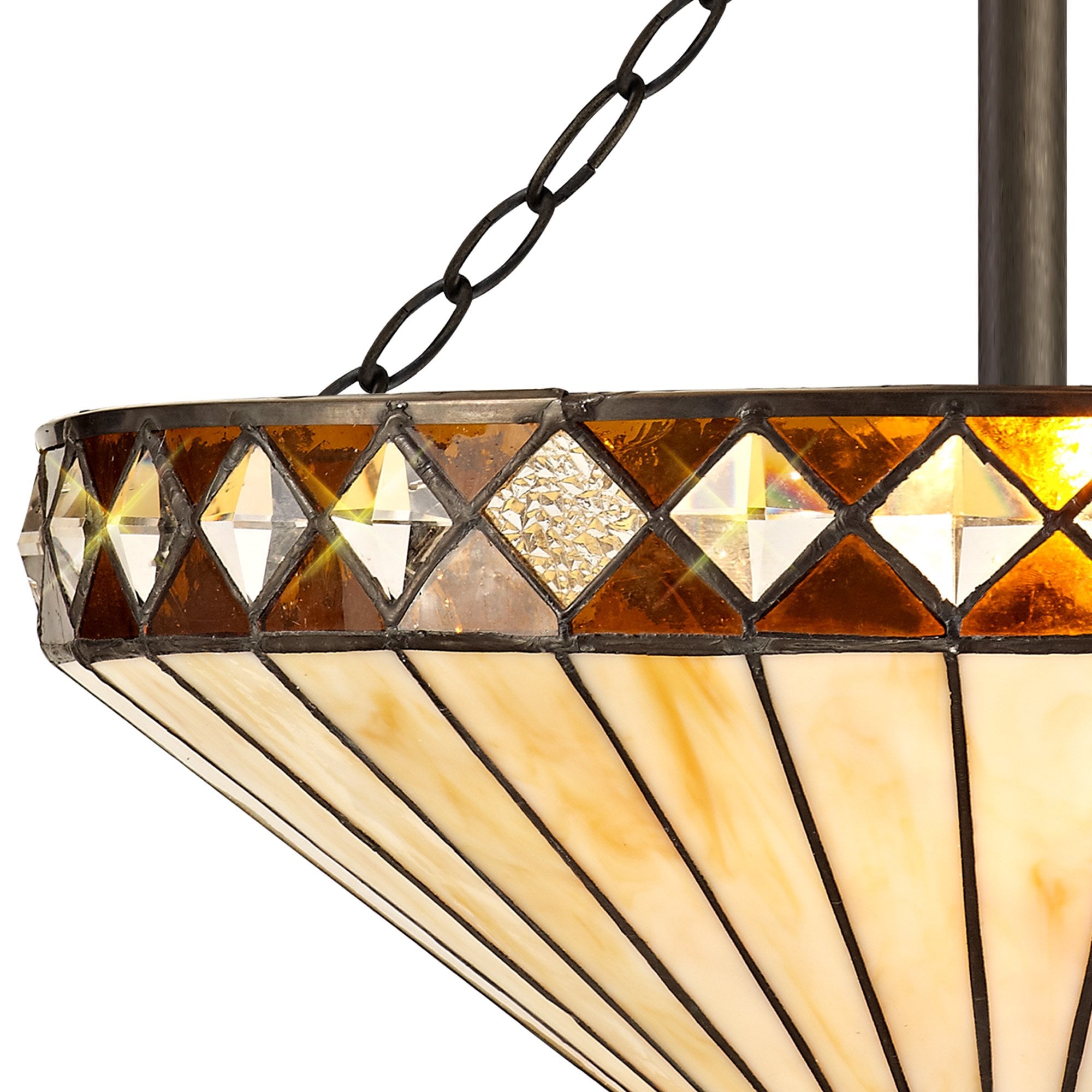 NLK02339 Tink 3 Light Semi Ceiling With 40cm Tiffany Shade Amber/Chrome/Crystal/Aged Antique Brass