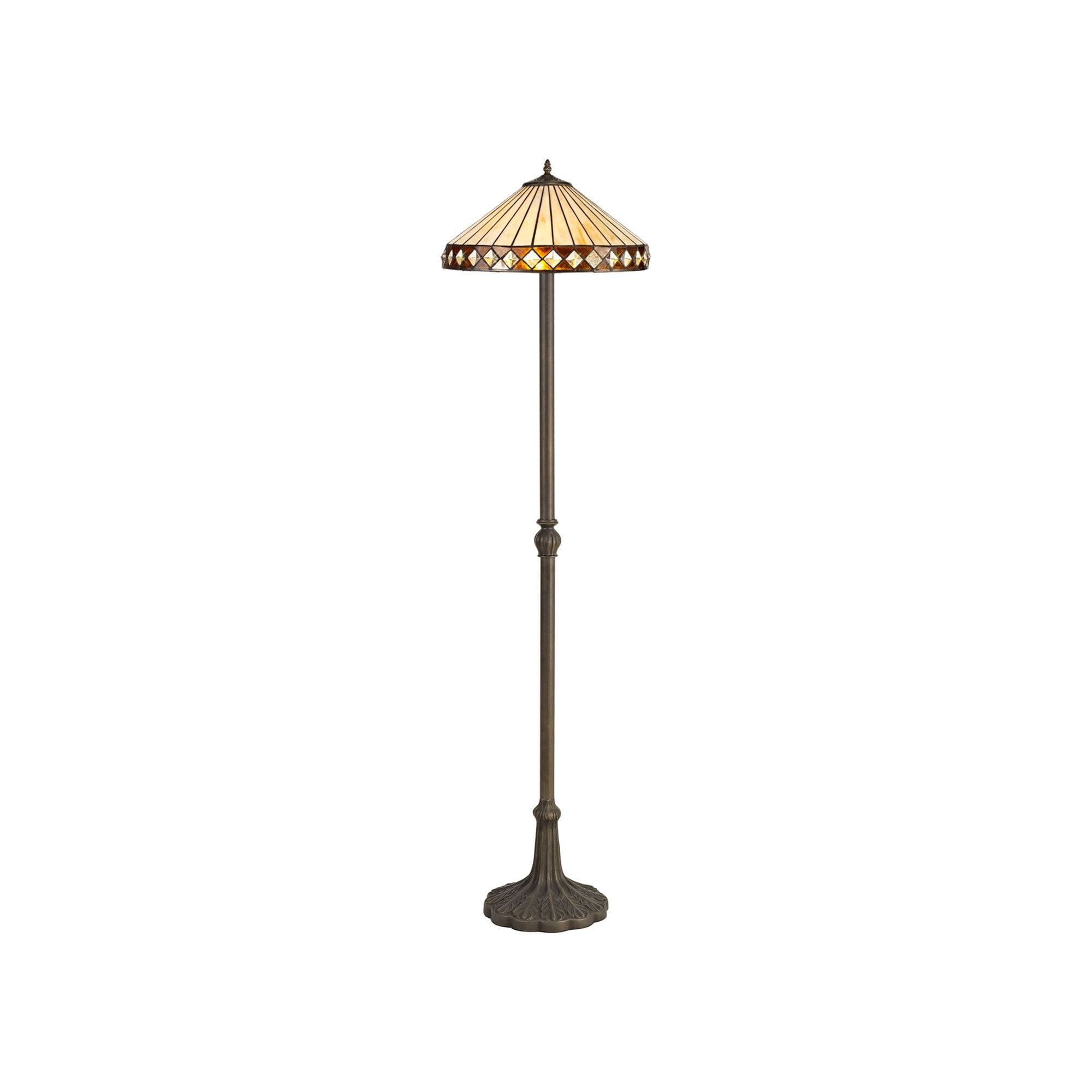 NLK02369 Tink 2 Light Leaf Design Floor Lamp With 40cm Tiffany Shade Amber/Chrome/Crystal/Aged Antique Brass
