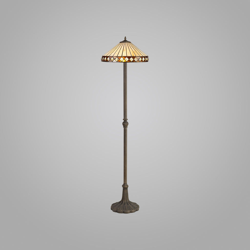 NLK02369 Tink 2 Light Leaf Design Floor Lamp With 40cm Tiffany Shade Amber/Chrome/Crystal/Aged Antique Brass