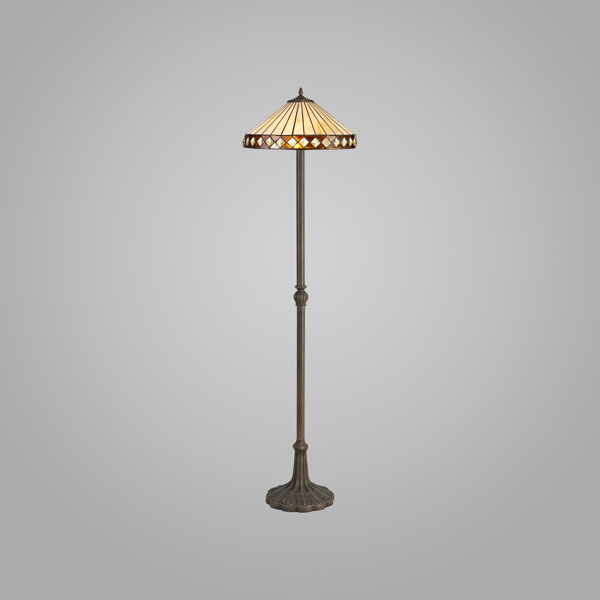 NLK02369 Tink 2 Light Leaf Design Floor Lamp With 40cm Tiffany Shade Amber/Chrome/Crystal/Aged Antique Brass
