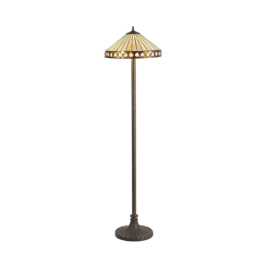 NLK02379 Tink 2 Light Stepped Design Floor Lamp With 40cm Tiffany Shade Amber/Chrome/Crystal/Aged Antique Brass