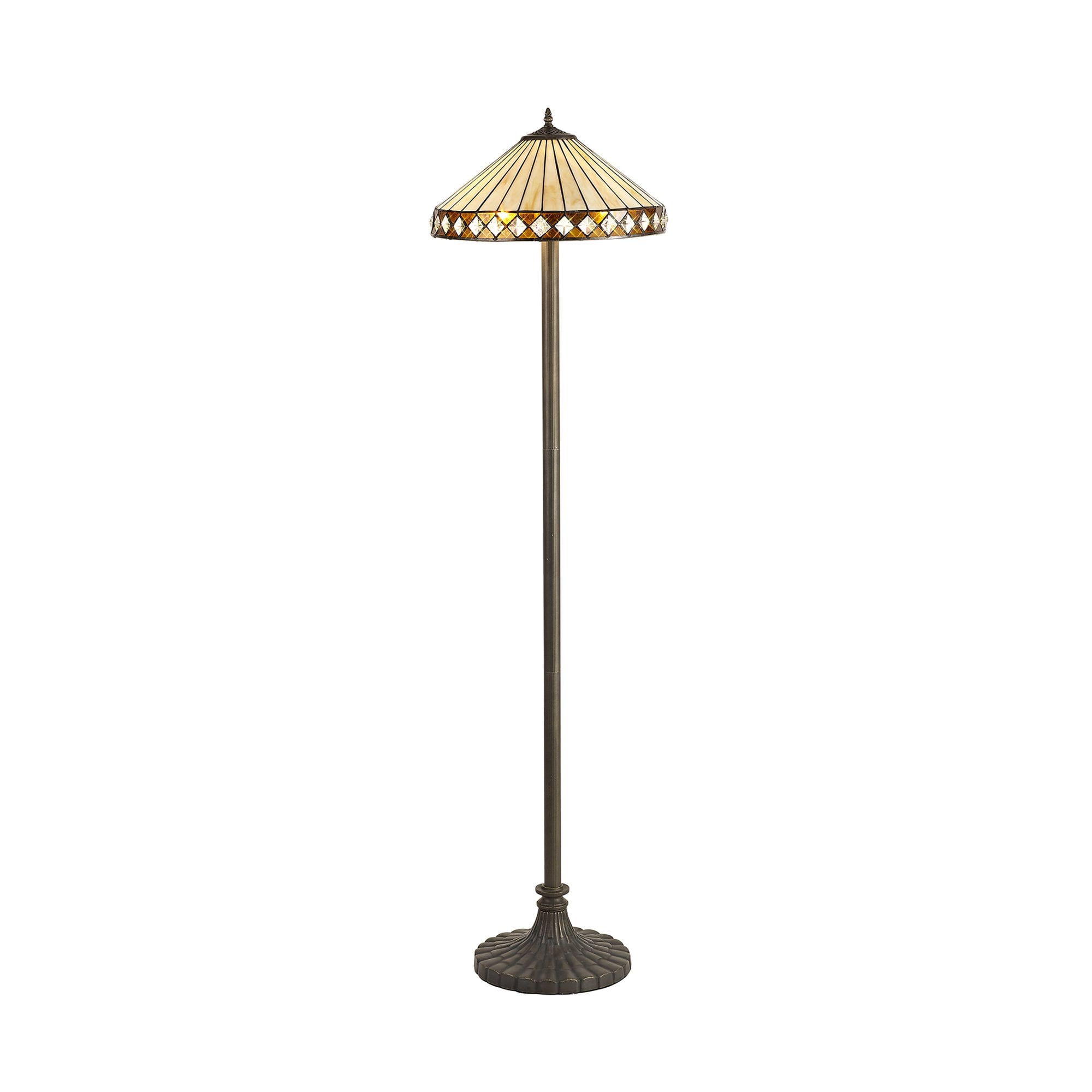 NLK02379 Tink 2 Light Stepped Design Floor Lamp With 40cm Tiffany Shade Amber/Chrome/Crystal/Aged Antique Brass