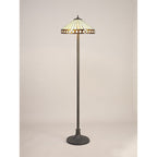 NLK02379 Tink 2 Light Stepped Design Floor Lamp With 40cm Tiffany Shade Amber/Chrome/Crystal/Aged Antique Brass