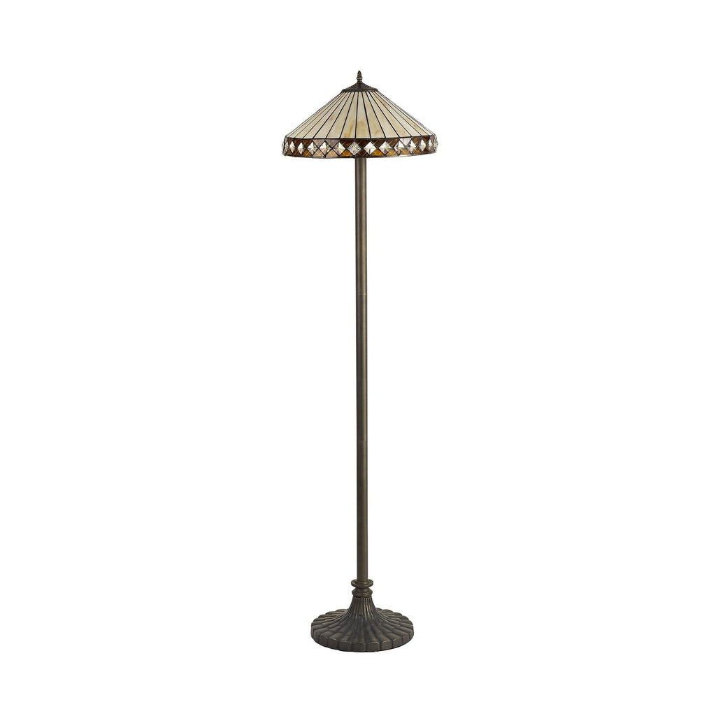 NLK02379 Tink 2 Light Stepped Design Floor Lamp With 40cm Tiffany Shade Amber/Chrome/Crystal/Aged Antique Brass