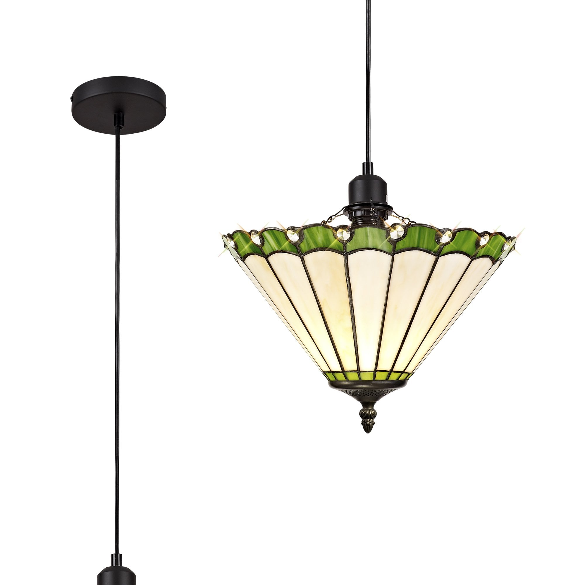 NLK02389 Umbrian 1 Light Up Lighter Pendant With 30cm Tiffany Shade Green/Chrome/Crystal/Black