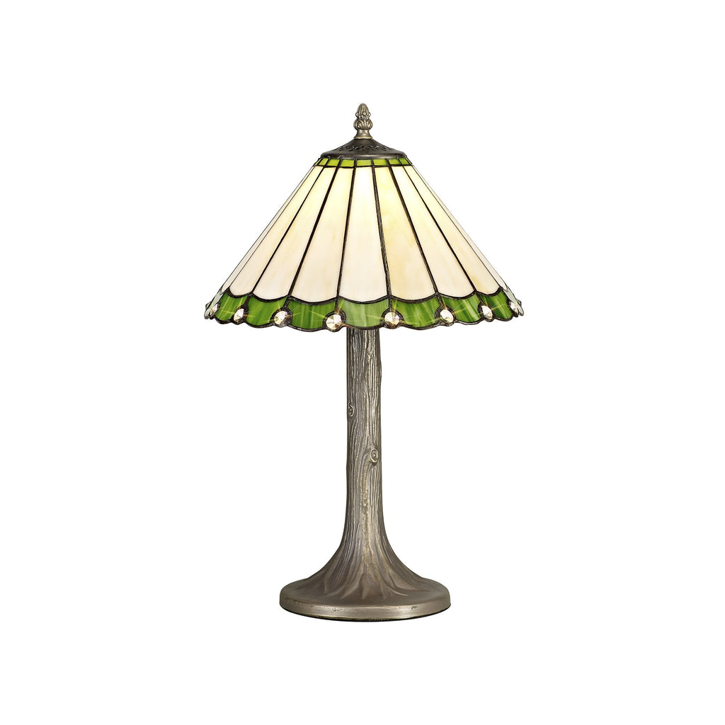 NLK02399 Umbrian 1 Light Tree Like Table Lamp With 30cm Tiffany Shade Green/Chrome/Crystal/Aged Antique Brass