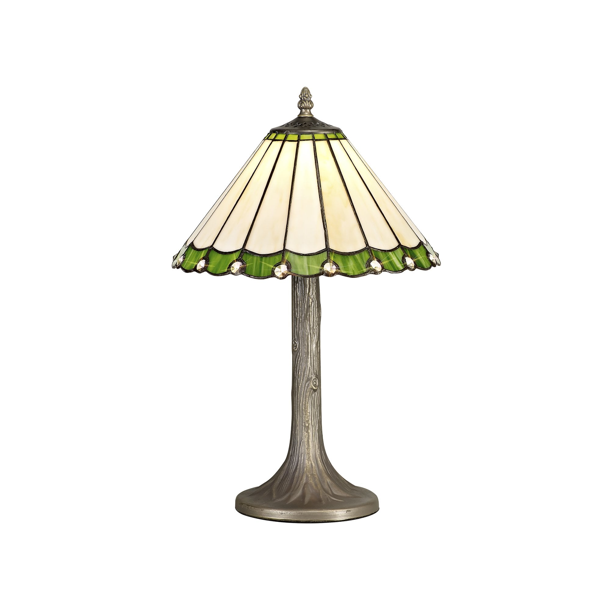 NLK02399 Umbrian 1 Light Tree Like Table Lamp With 30cm Tiffany Shade Green/Chrome/Crystal/Aged Antique Brass
