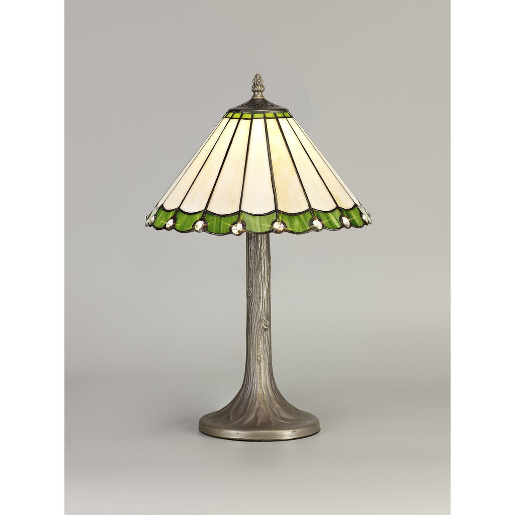 NLK02399 Umbrian 1 Light Tree Like Table Lamp With 30cm Tiffany Shade Green/Chrome/Crystal/Aged Antique Brass