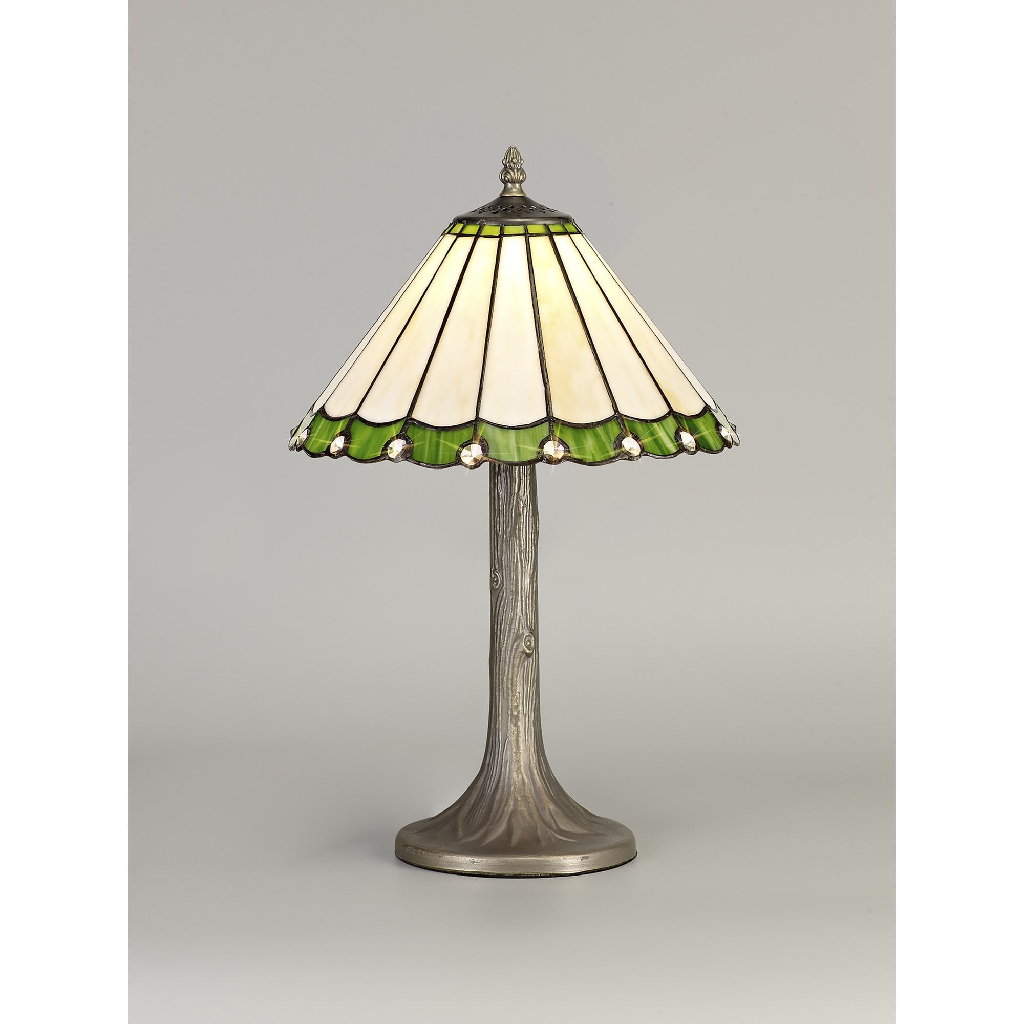 NLK02399 Umbrian 1 Light Tree Like Table Lamp With 30cm Tiffany Shade Green/Chrome/Crystal/Aged Antique Brass