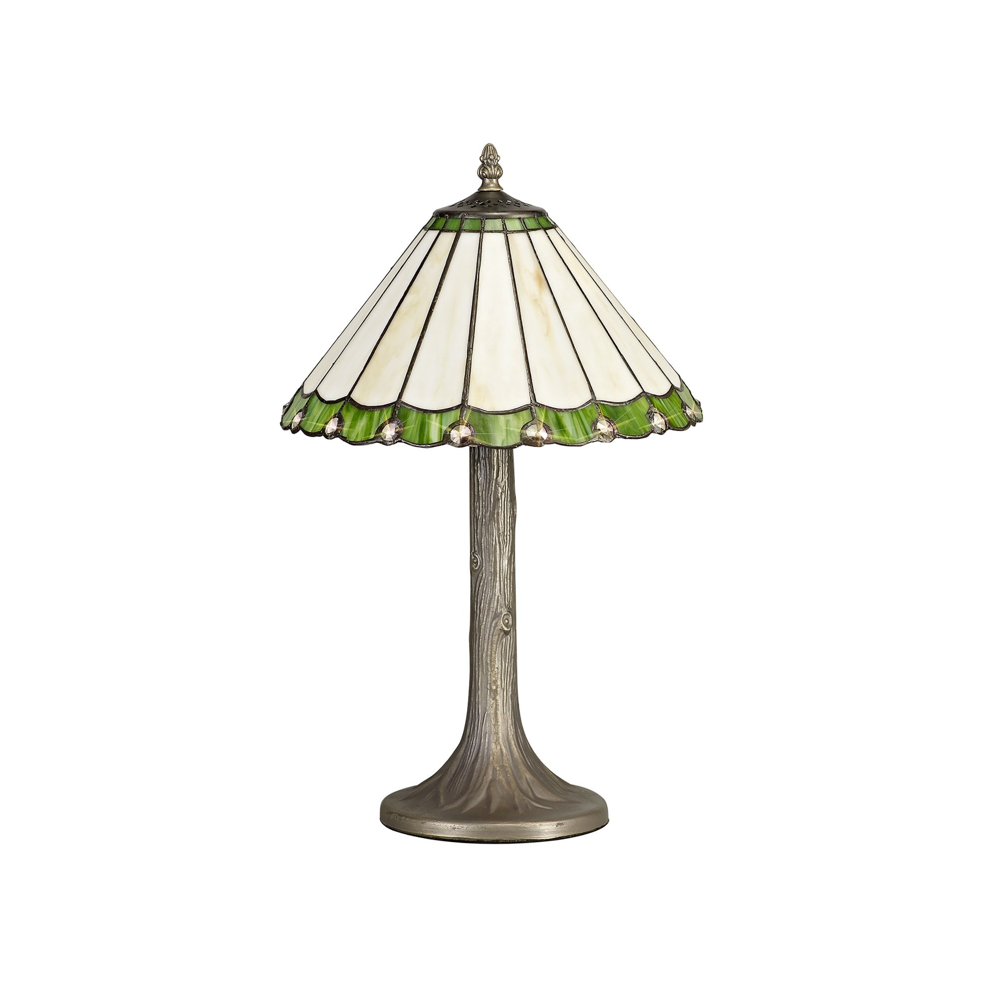 NLK02399 Umbrian 1 Light Tree Like Table Lamp With 30cm Tiffany Shade Green/Chrome/Crystal/Aged Antique Brass