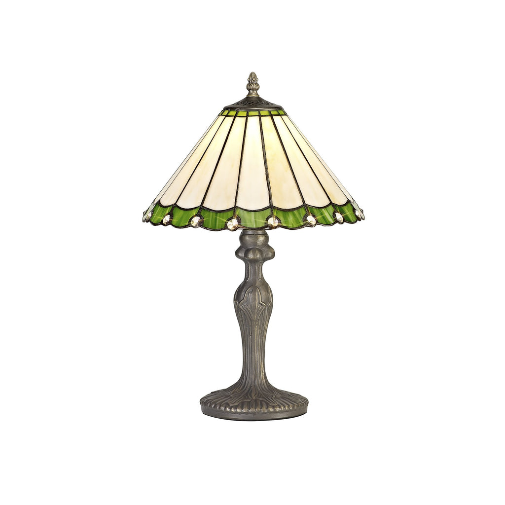 NLK02409 Umbrian 1 Light Curved Table Lamp With 30cm Tiffany Shade Green/Chrome/Crystal/Aged Antique Brass
