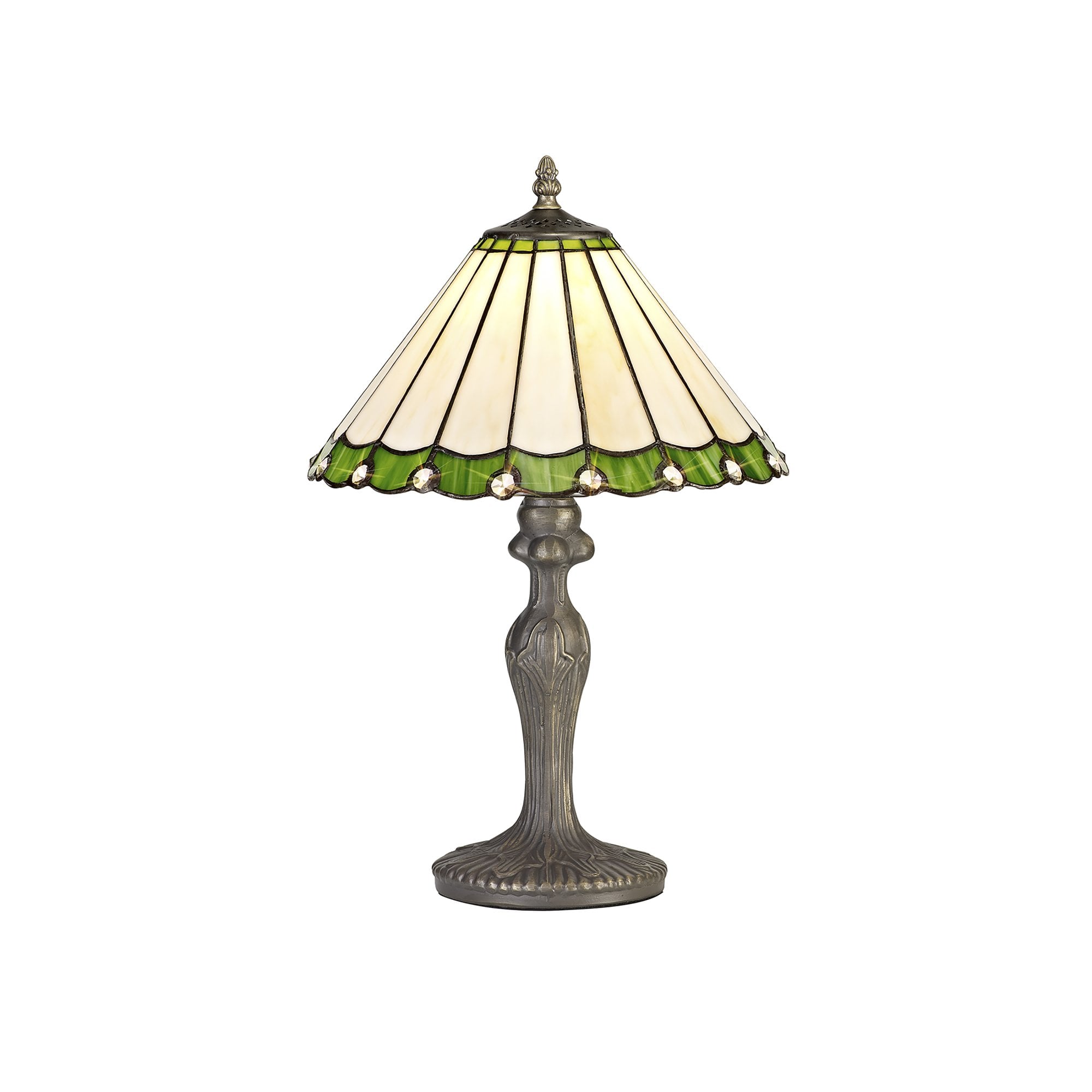 NLK02409 Umbrian 1 Light Curved Table Lamp With 30cm Tiffany Shade Green/Chrome/Crystal/Aged Antique Brass