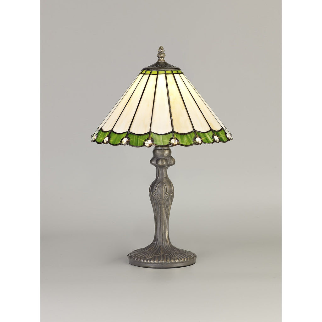 NLK02409 Umbrian 1 Light Curved Table Lamp With 30cm Tiffany Shade Green/Chrome/Crystal/Aged Antique Brass