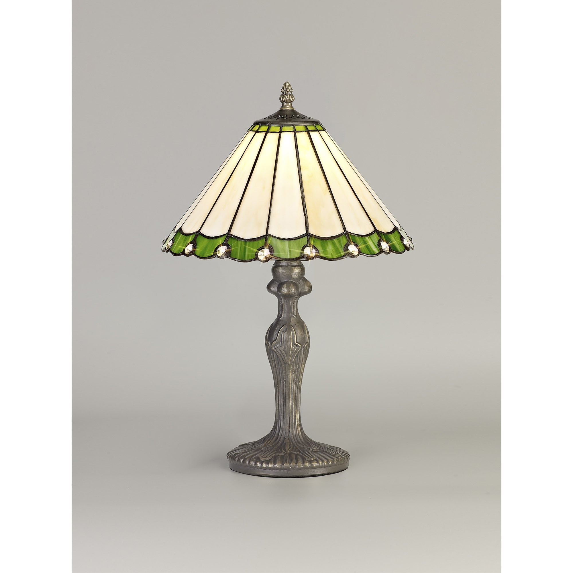NLK02409 Umbrian 1 Light Curved Table Lamp With 30cm Tiffany Shade Green/Chrome/Crystal/Aged Antique Brass