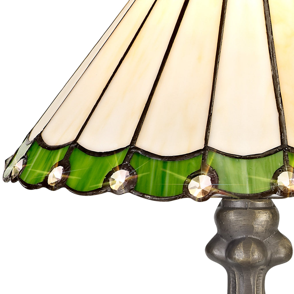 NLK02409 Umbrian 1 Light Curved Table Lamp With 30cm Tiffany Shade Green/Chrome/Crystal/Aged Antique Brass