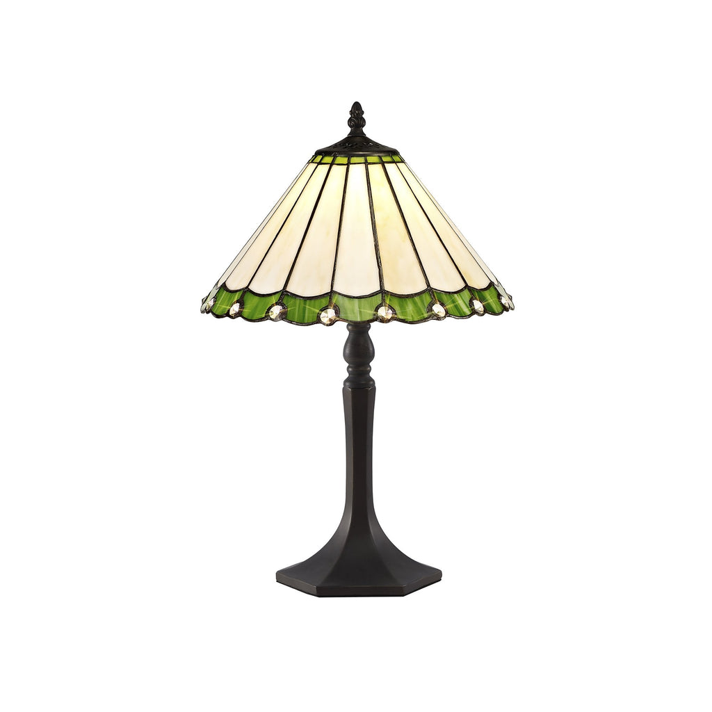 NLK02419 Umbrian 1 Light Octagonal Table Lamp With 30cm Tiffany Shade Green/Chrome/Crystal/Aged Antique Brass