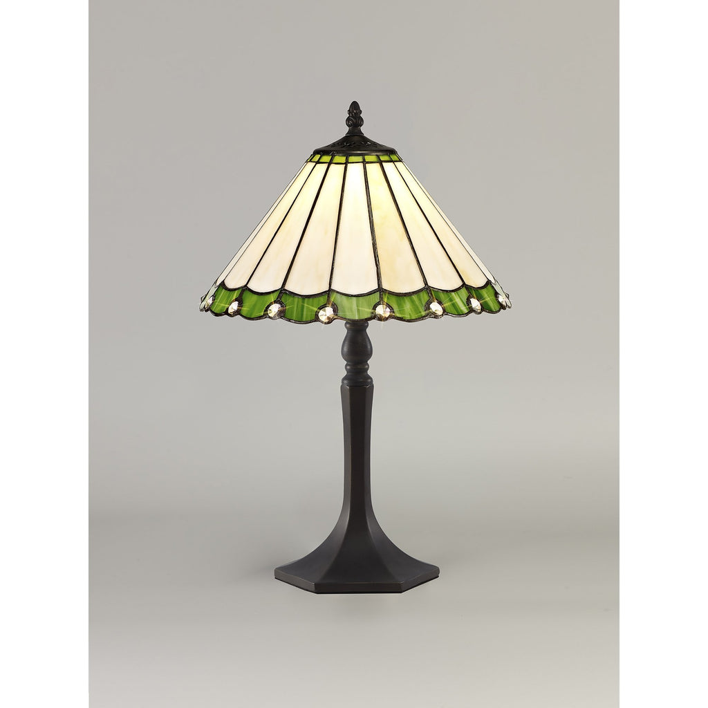 NLK02419 Umbrian 1 Light Octagonal Table Lamp With 30cm Tiffany Shade Green/Chrome/Crystal/Aged Antique Brass