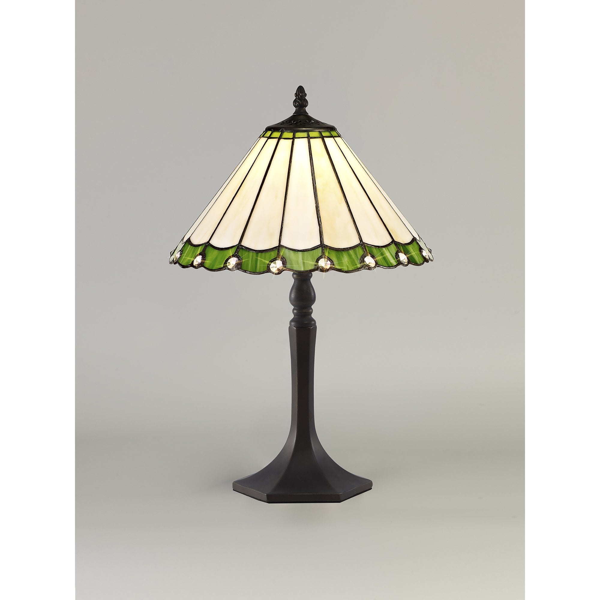 NLK02419 Umbrian 1 Light Octagonal Table Lamp With 30cm Tiffany Shade Green/Chrome/Crystal/Aged Antique Brass