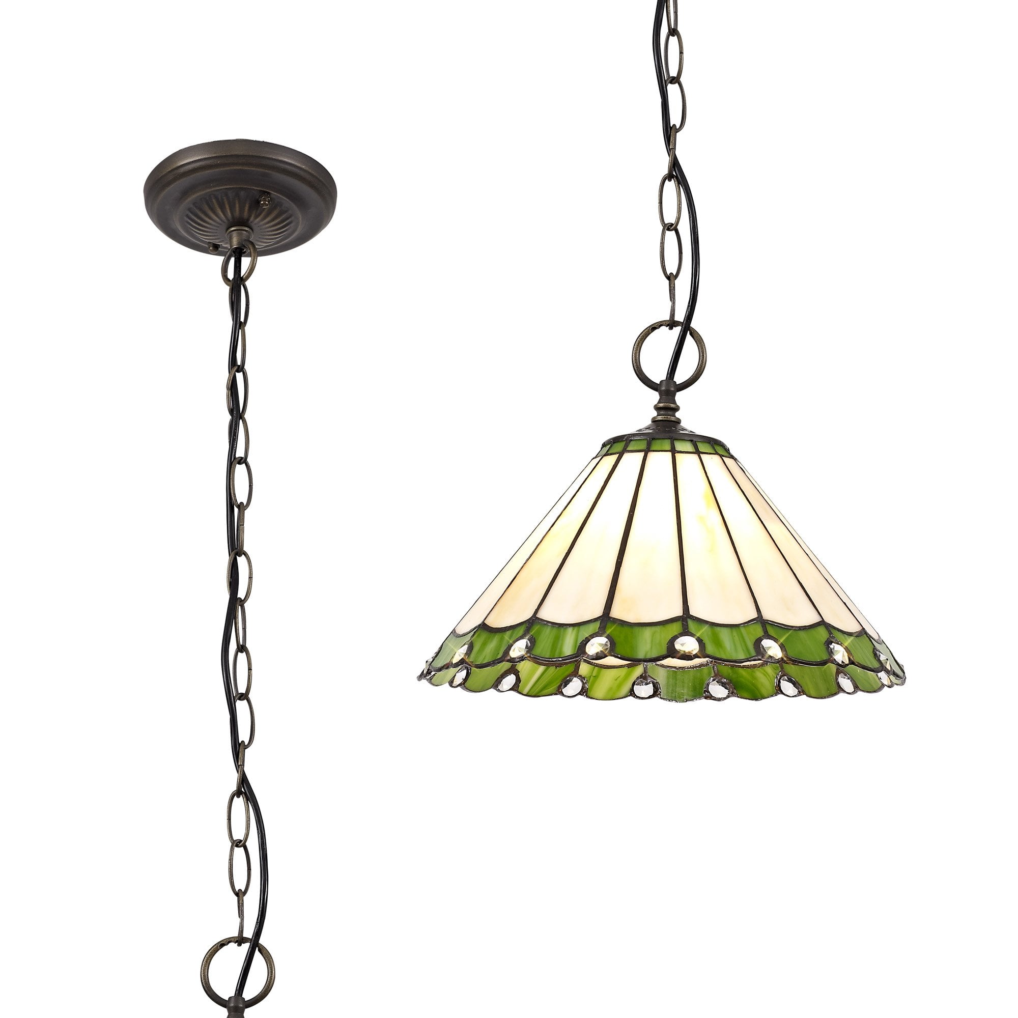 NLK02429 Umbrian 1 Light Down Lighter Pendant With 30cm Tiffany Shade Green/Chrome/Crystal/Aged Antique Brass