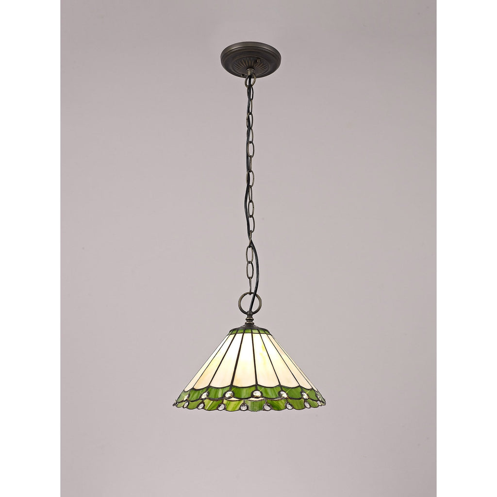 NLK02429 Umbrian 1 Light Down Lighter Pendant With 30cm Tiffany Shade Green/Chrome/Crystal/Aged Antique Brass