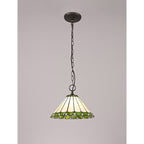 NLK02429 Umbrian 1 Light Down Lighter Pendant With 30cm Tiffany Shade Green/Chrome/Crystal/Aged Antique Brass